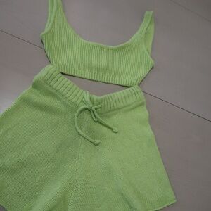 Lime Green Knit Crop Top and Shorts Set